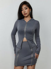 Ladies' Zipper Front Hoodie And Skirt Two Piece Set